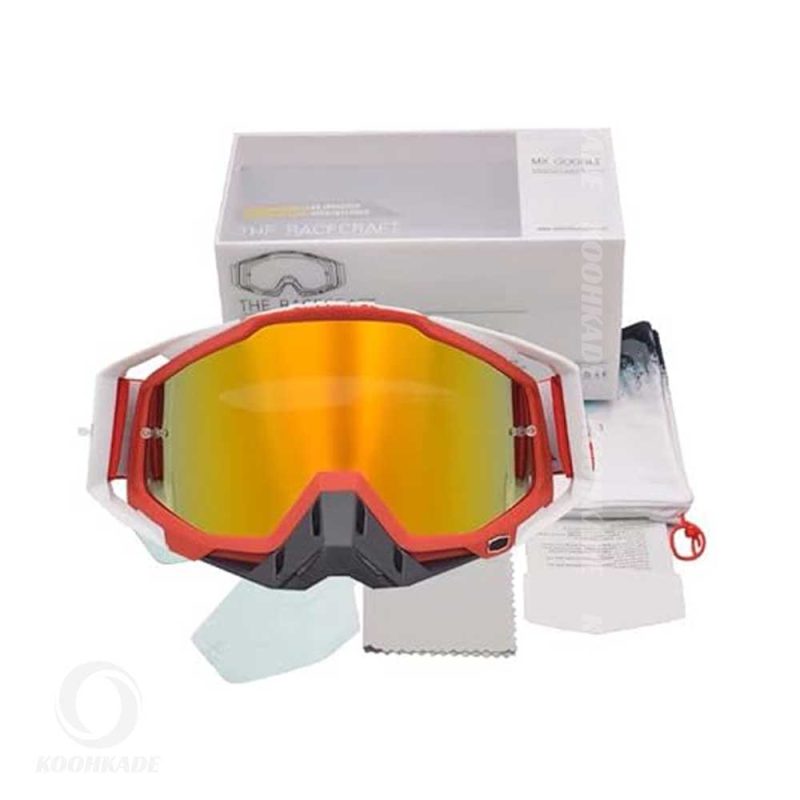 عینک طوفان و اسکی 100% فریم قرمز سفید مشکی لنز نارنجی RACECRAFT