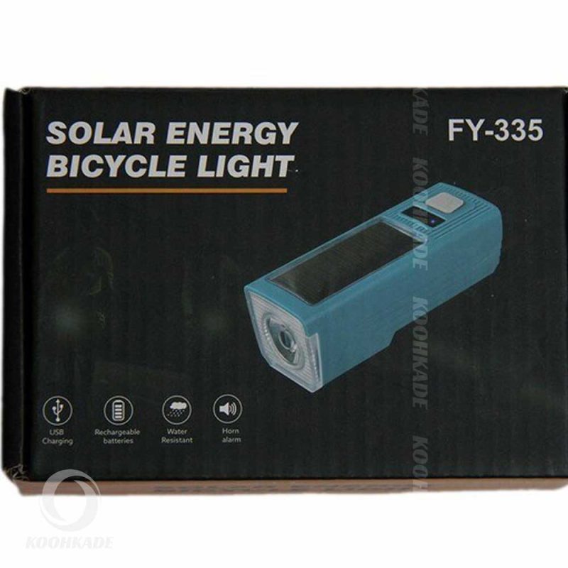 چراغ دوچرخه شارژِی خورشیدی کد FY335 | چراغ جلو خورشیدی بوق دار دوچرخه 300 لومن BIKE LAMP FY-335 | چراغ بوق دار پاوربانک شارژی خورشیدی | چراغ جلوی دوچرخه مدل solar energy FY335