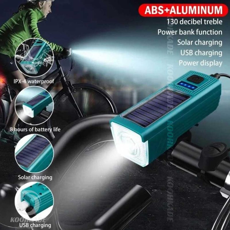 چراغ دوچرخه شارژِی خورشیدی کد FY335 | چراغ جلو خورشیدی بوق دار دوچرخه 300 لومن BIKE LAMP FY-335 | چراغ بوق دار پاوربانک شارژی خورشیدی | چراغ جلوی دوچرخه مدل solar energy FY335