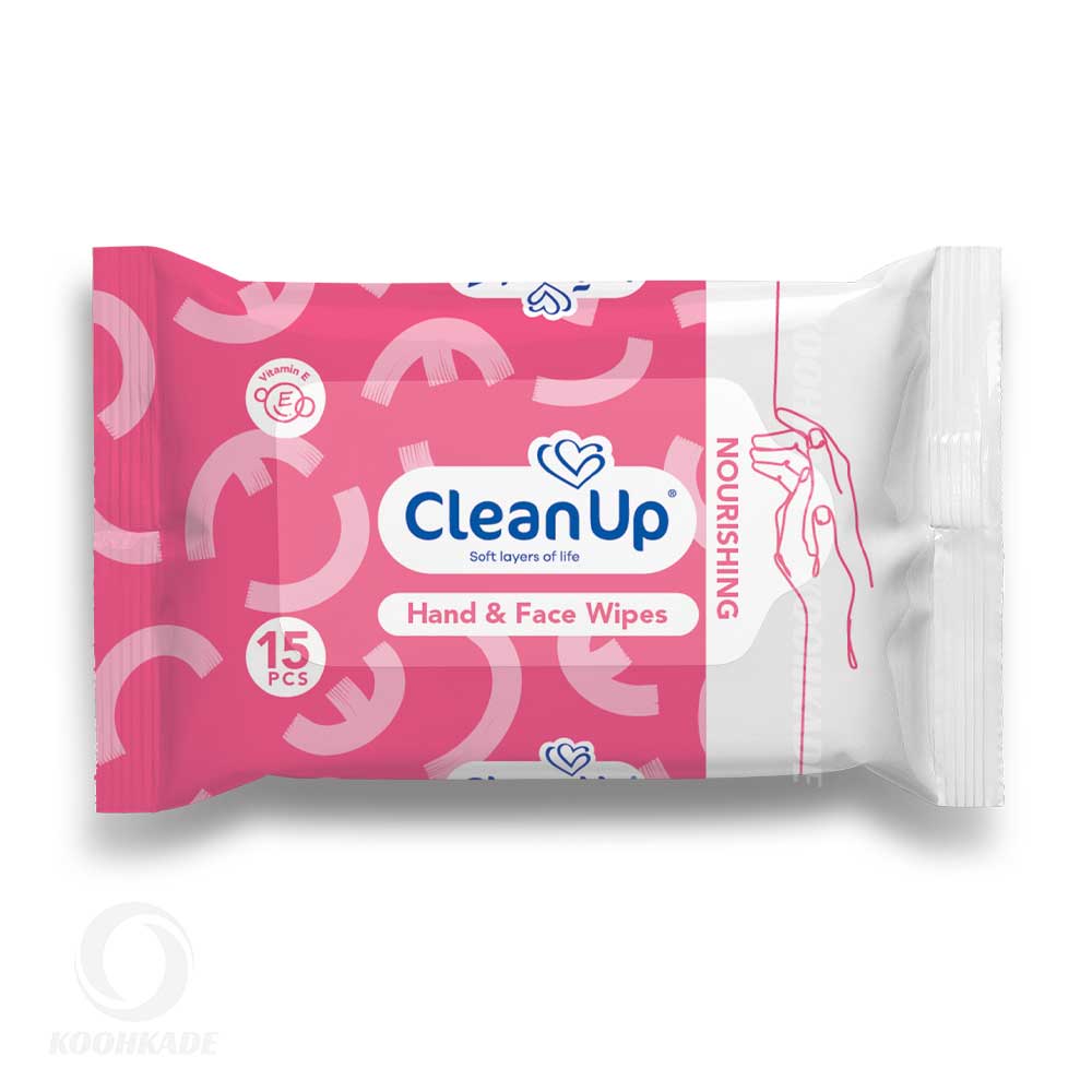 دستمال مرطوب دست و صورت CLEAN UP رطوبت رسان پوست 15 عددی|دستمال مرطوب دست و صورت پوست حساس کلین آپ | خرید دستمال مرطوب کلین آپ